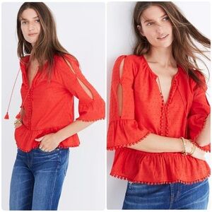 Madewell Swiss Dot Pom Trim Peekaboo Bell Sleeve Top